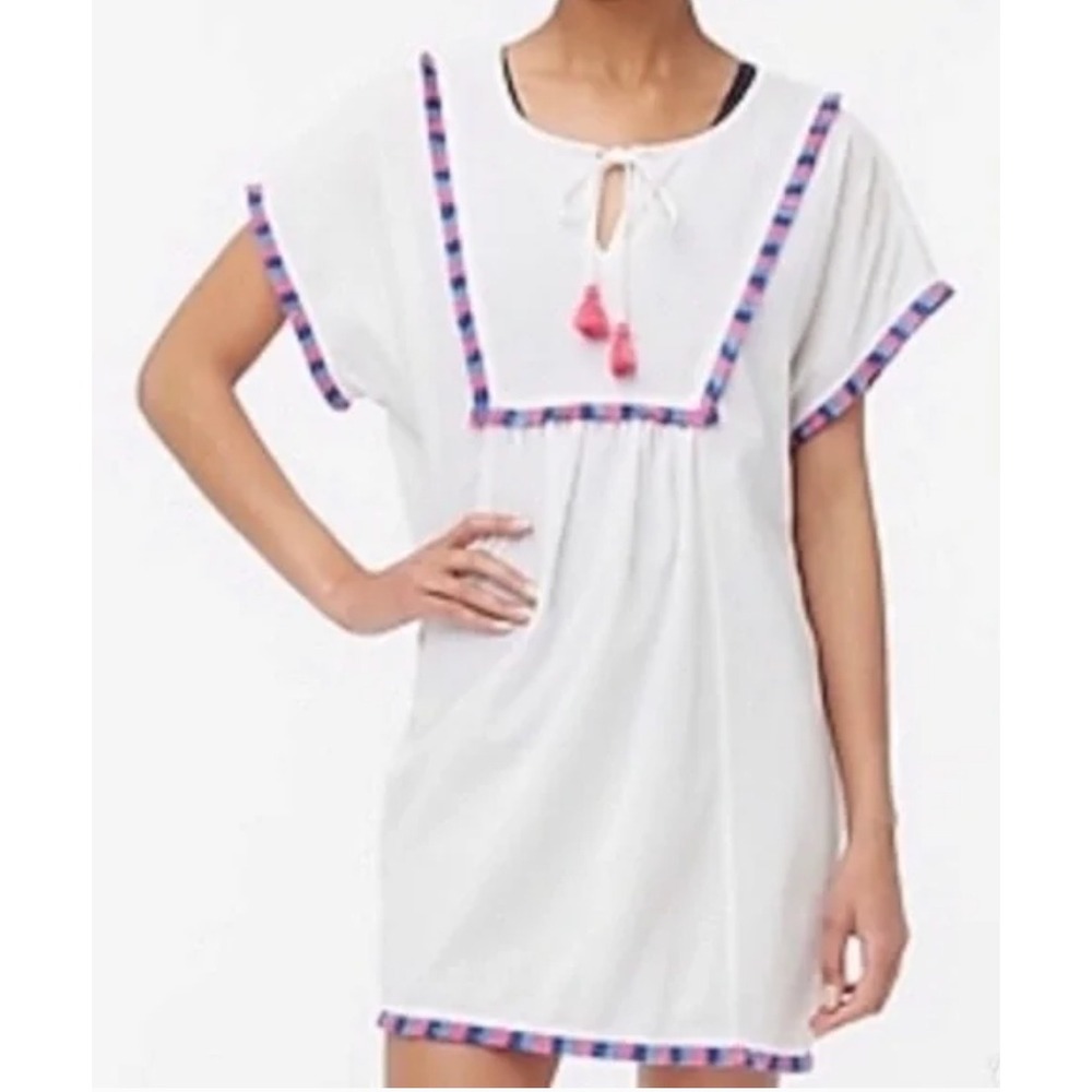 J.Crew Fringe White Beach Tunic Cover Up Women's Size S Cotton Pink‎ Blue Trim